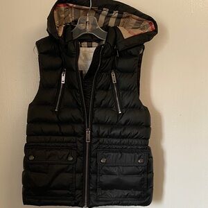 Black Quilted Hooded Puffer Vest with Plaid Lining